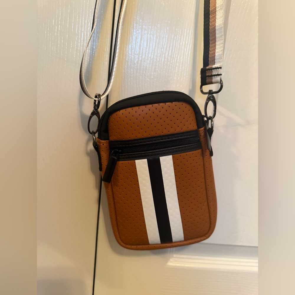Brown Belt Bag with Racing Stripe and Adjustable Strap